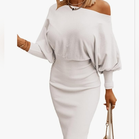 Dokotoo Women's Elegant Off Shoulder Long Lantern Sleeve Sweater Dress Elastic - Picture 3 of 6